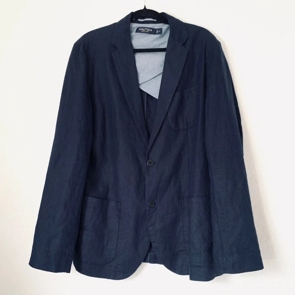 Nautica 100% Linen Blazer Men M Navy Blue Sport Coat Coastal Resort Quiet Luxury
